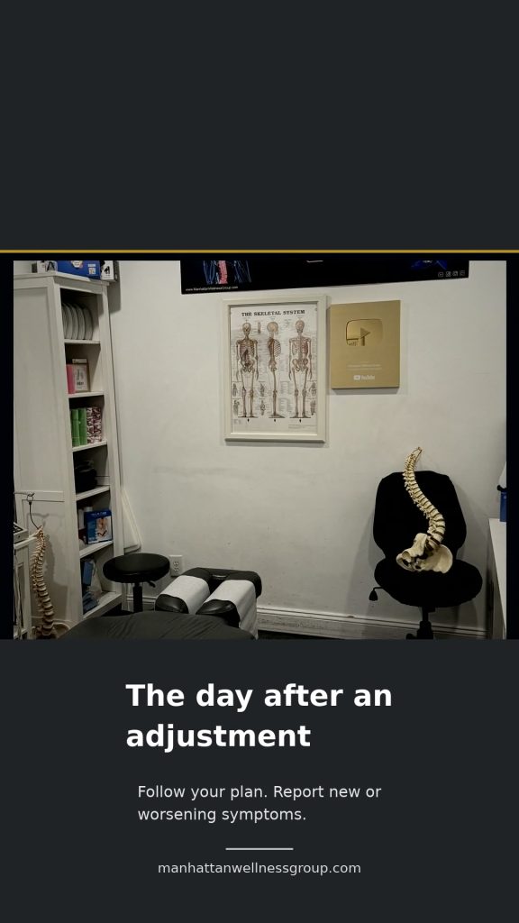 Empty Manhattan Wellness Group clinic room. The day after an adjustment: follow your plan and report new or worsening symptoms.
