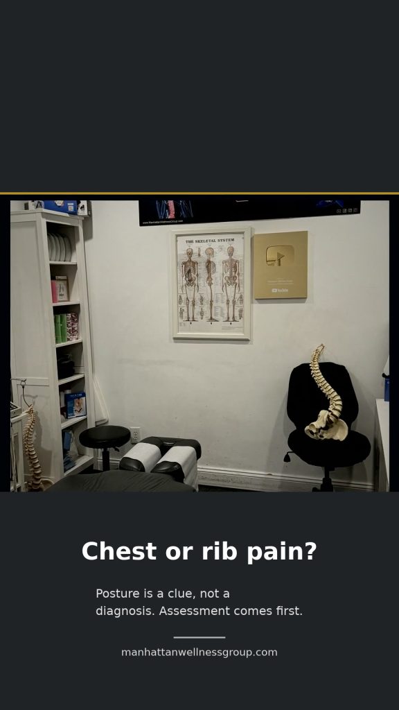 Empty Manhattan Wellness Group clinic room. Chest or rib pain? Posture is a clue, not a diagnosis. Assessment comes first.